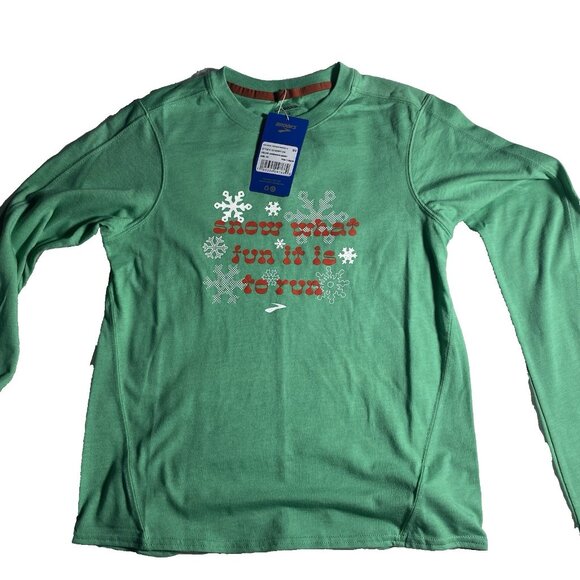 Brooks XS Green Run Merry Distance Graphic Long Sleeve Tshirt Ugly Sweater - Picture 1 of 10